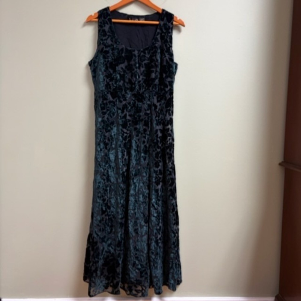 Lola P Burnout Velvet Maxi Dress Green Black Floral Gothic Romantic Whimsigoth L